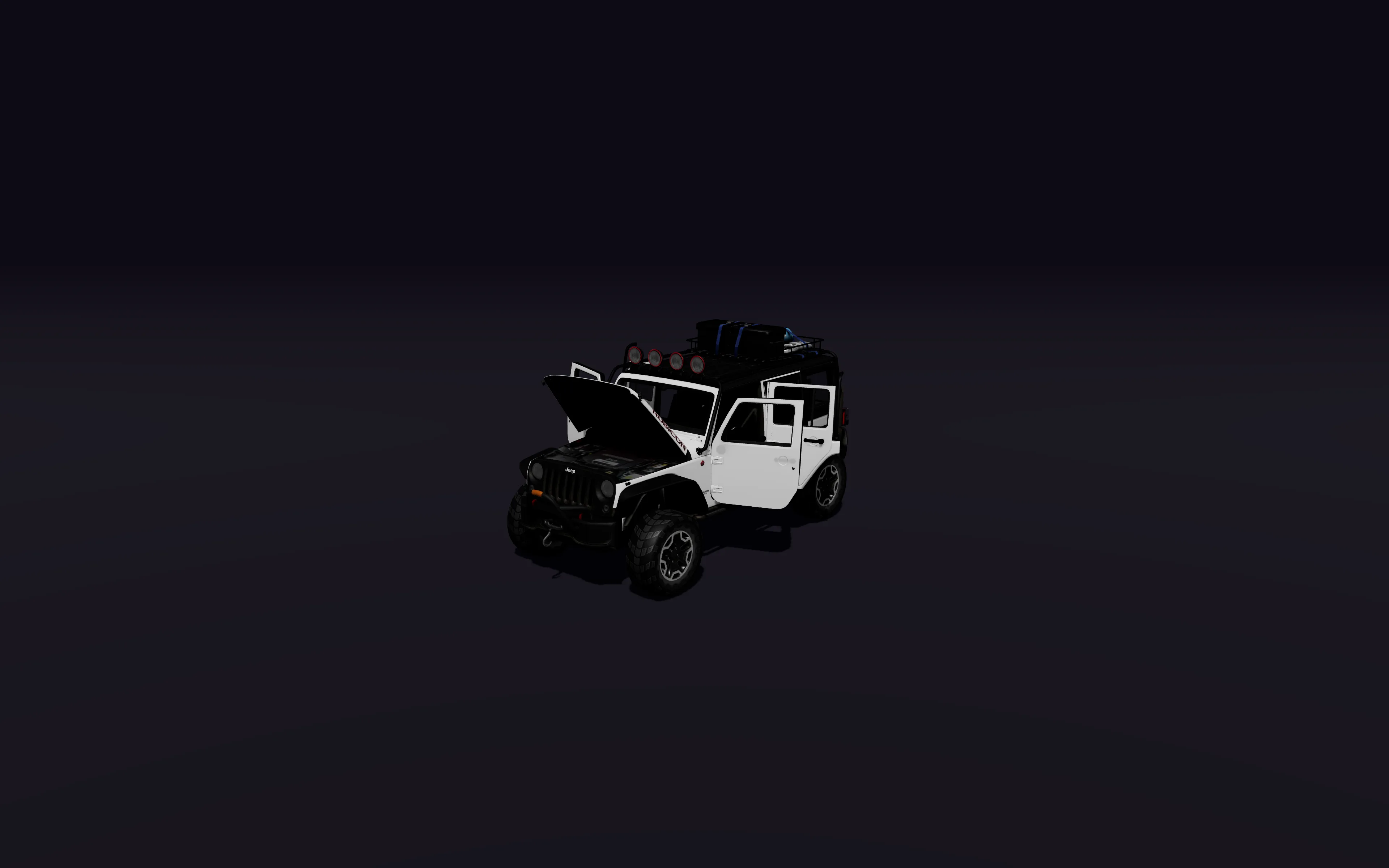 The 4x4 with its doors, hood and tailgate open